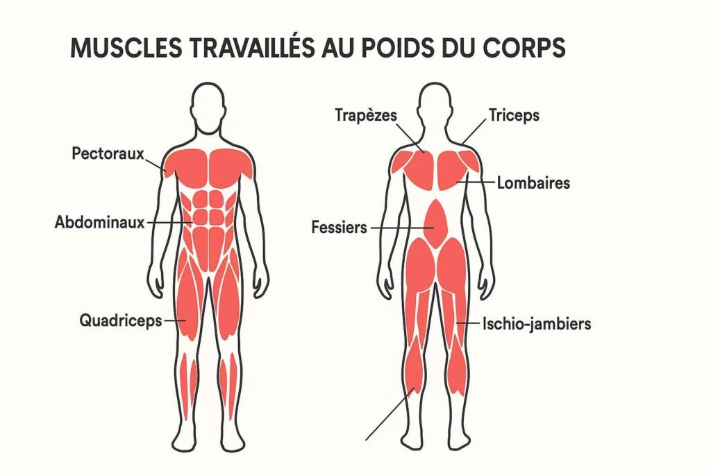 Schéma anatomique simple des muscles travaillés au poids du corps