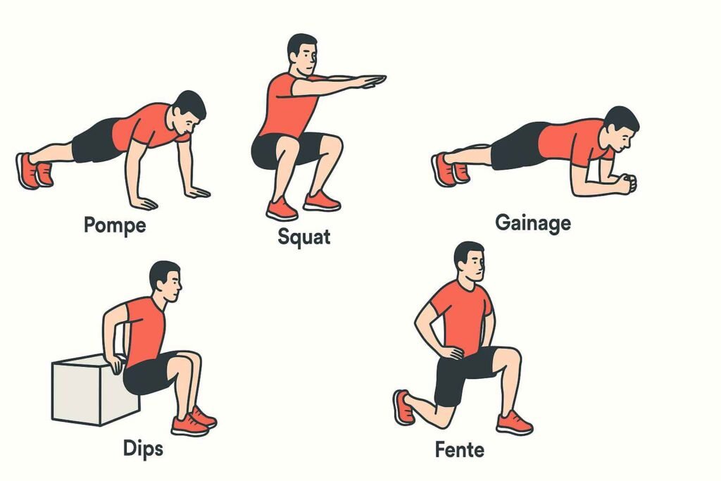 se muscler sans materiel - Une image d’exercice pompe, squat, gainage, dips, fente